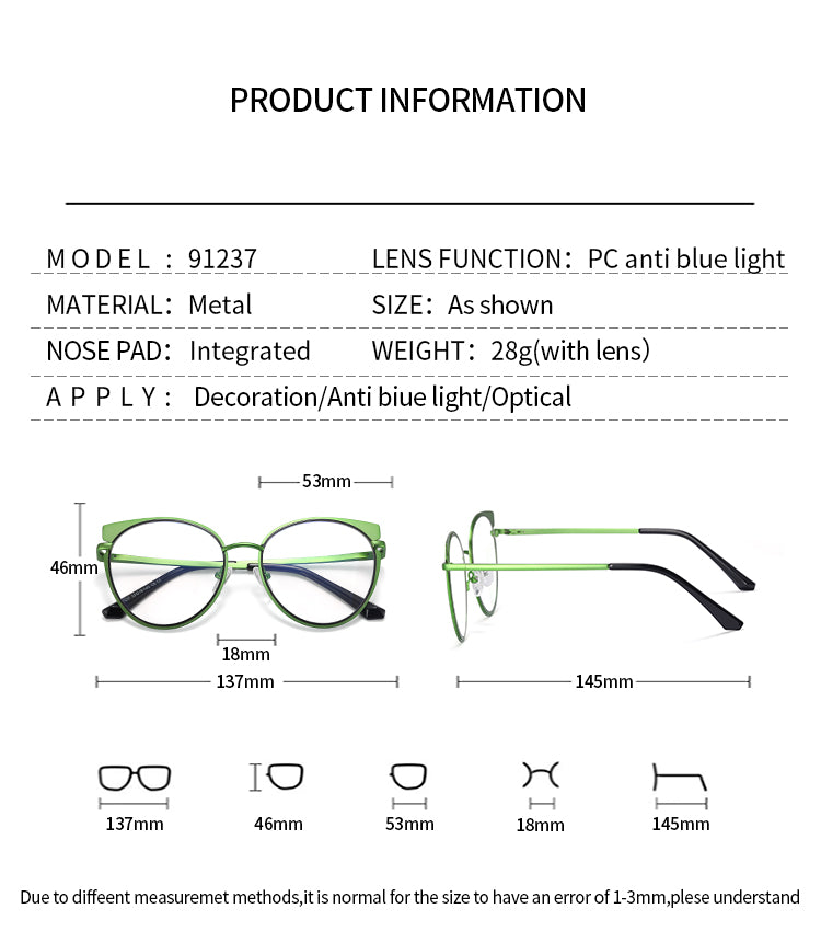 Monture de lunettes anti-lumière bleue ronde en métal design œil de chat pour femme