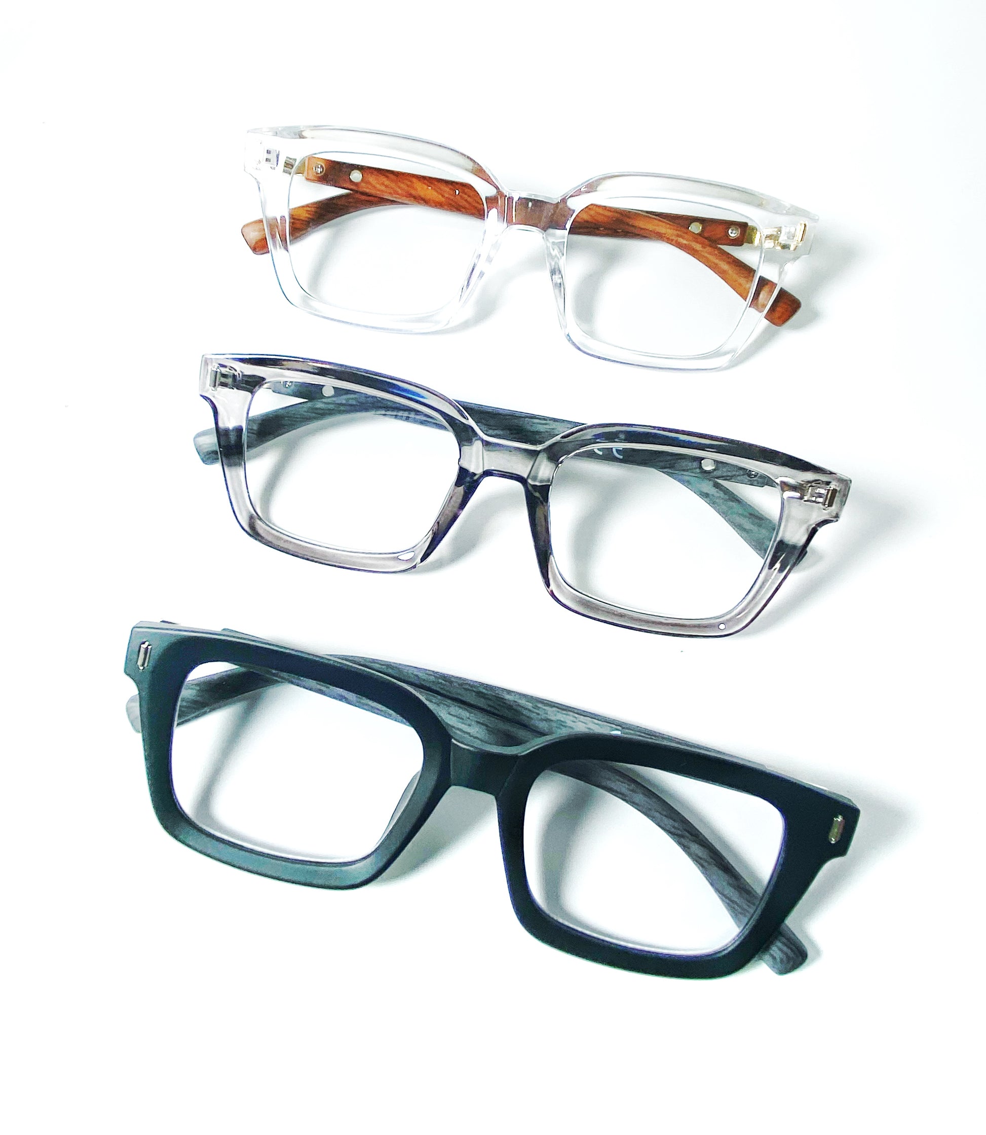 Three pairs of MAVIN glasses with different frame colors on a white background