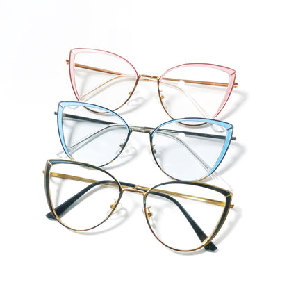 Three pairs of cat-eye glasses with different colored frames on a white background