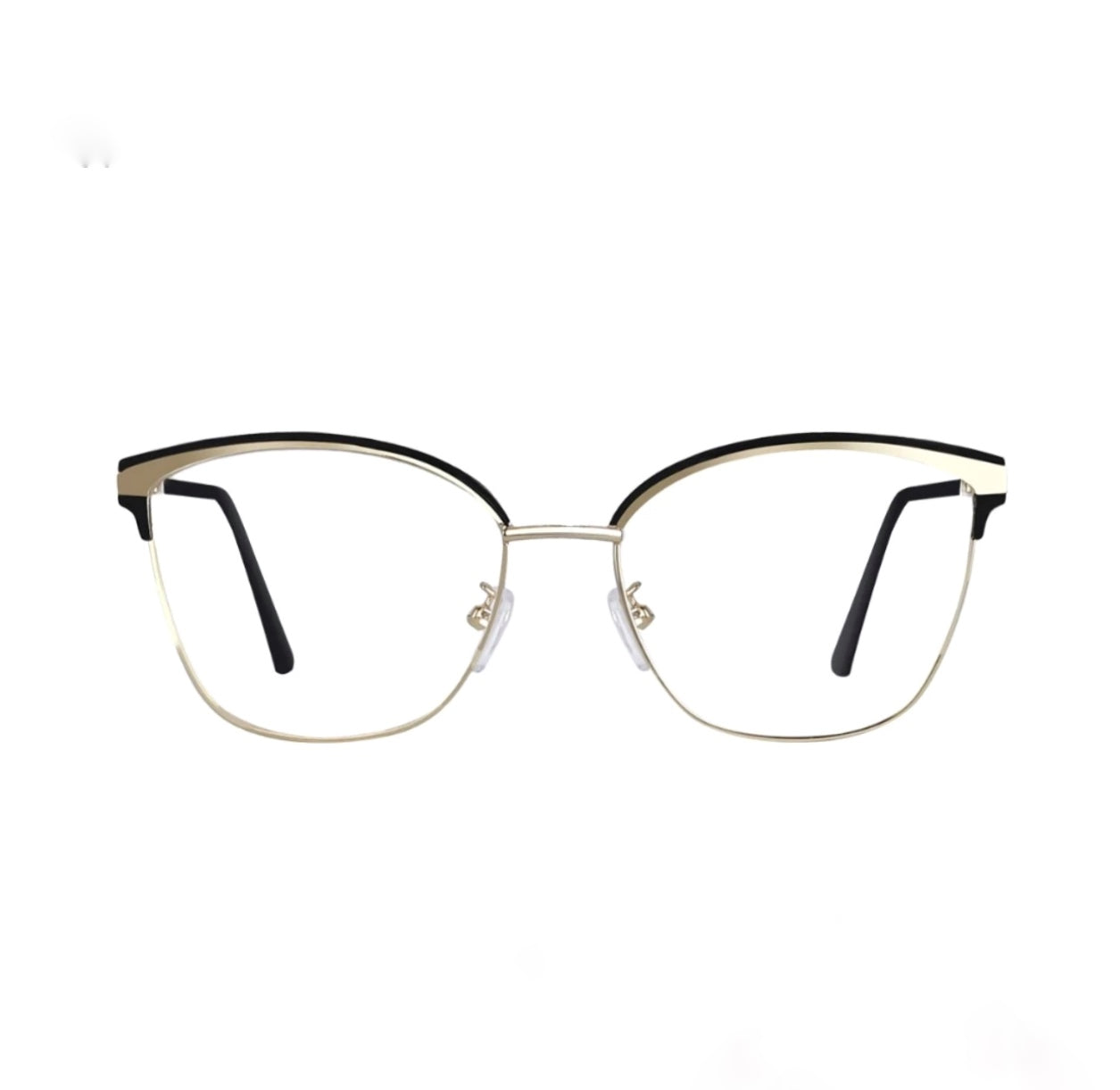 square cat-eye glasses with gold frame and black accents on a white background