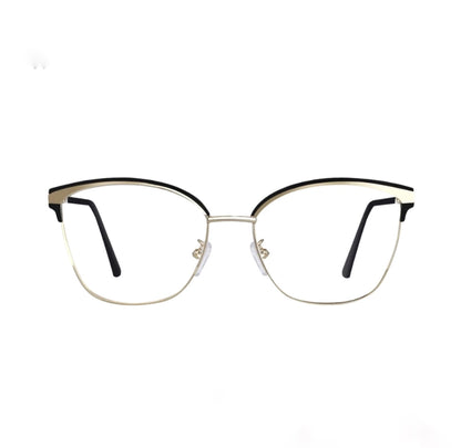 square cat-eye glasses with gold frame and black accents on a white background