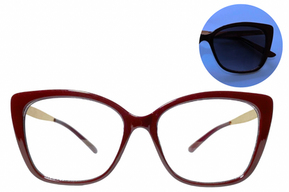 Red eyeglasses with a close-up inset of it reacting to sunlight 