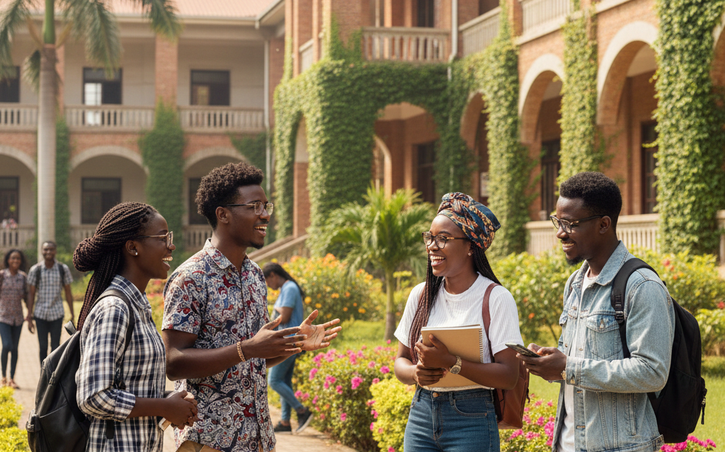 Group of students walking and interacting on campus