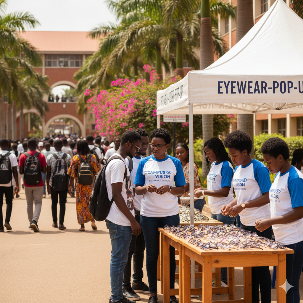 Students at a university jolyeyewear popup event activation booth selling eyewear.