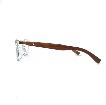 Wooden-framed eyeglasses on a white background
