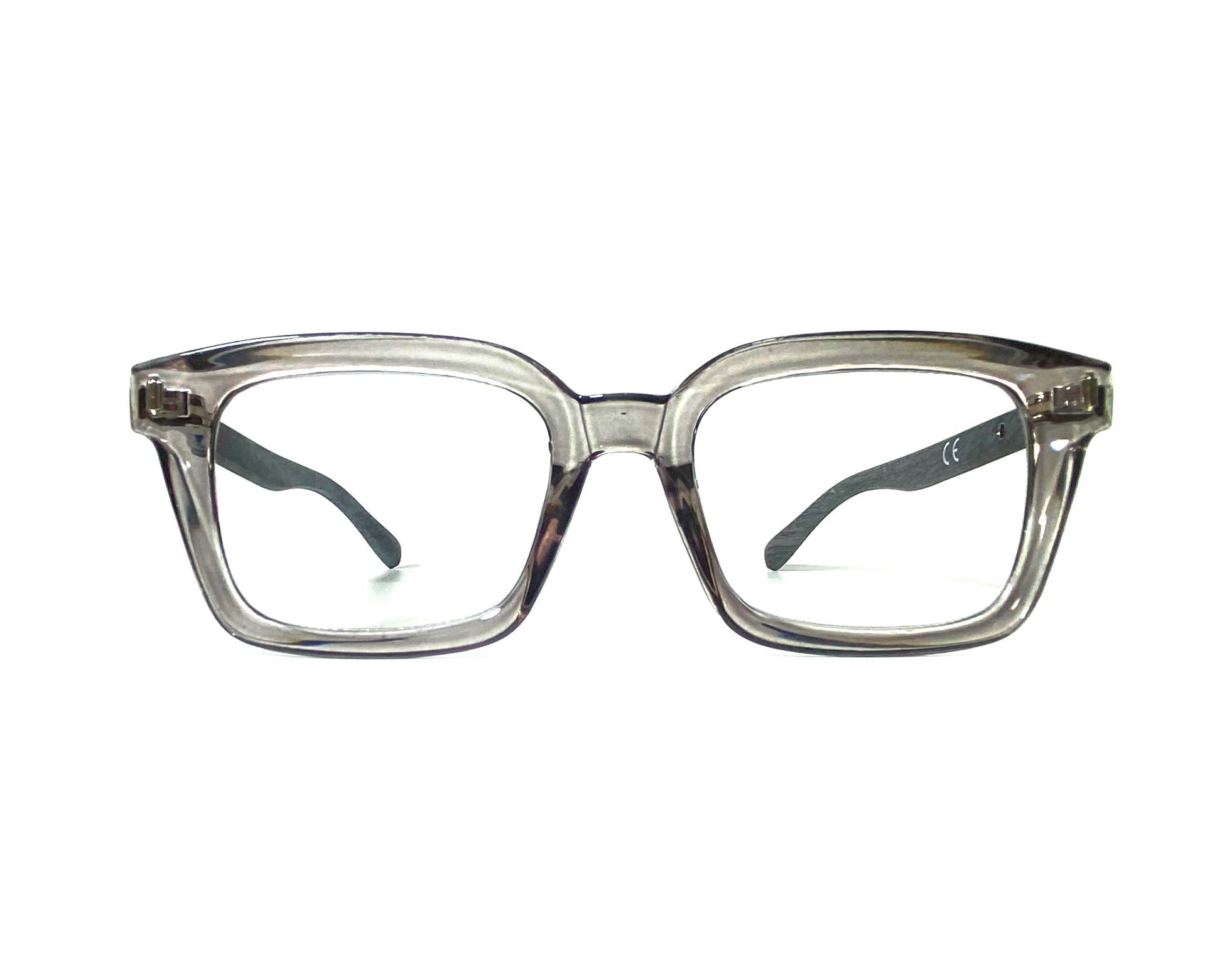 Clear grey eyeglasses on a white background
