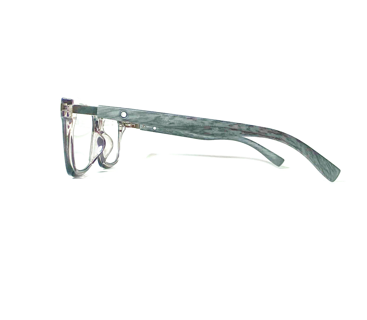 Grey eyeglasses on a white background
