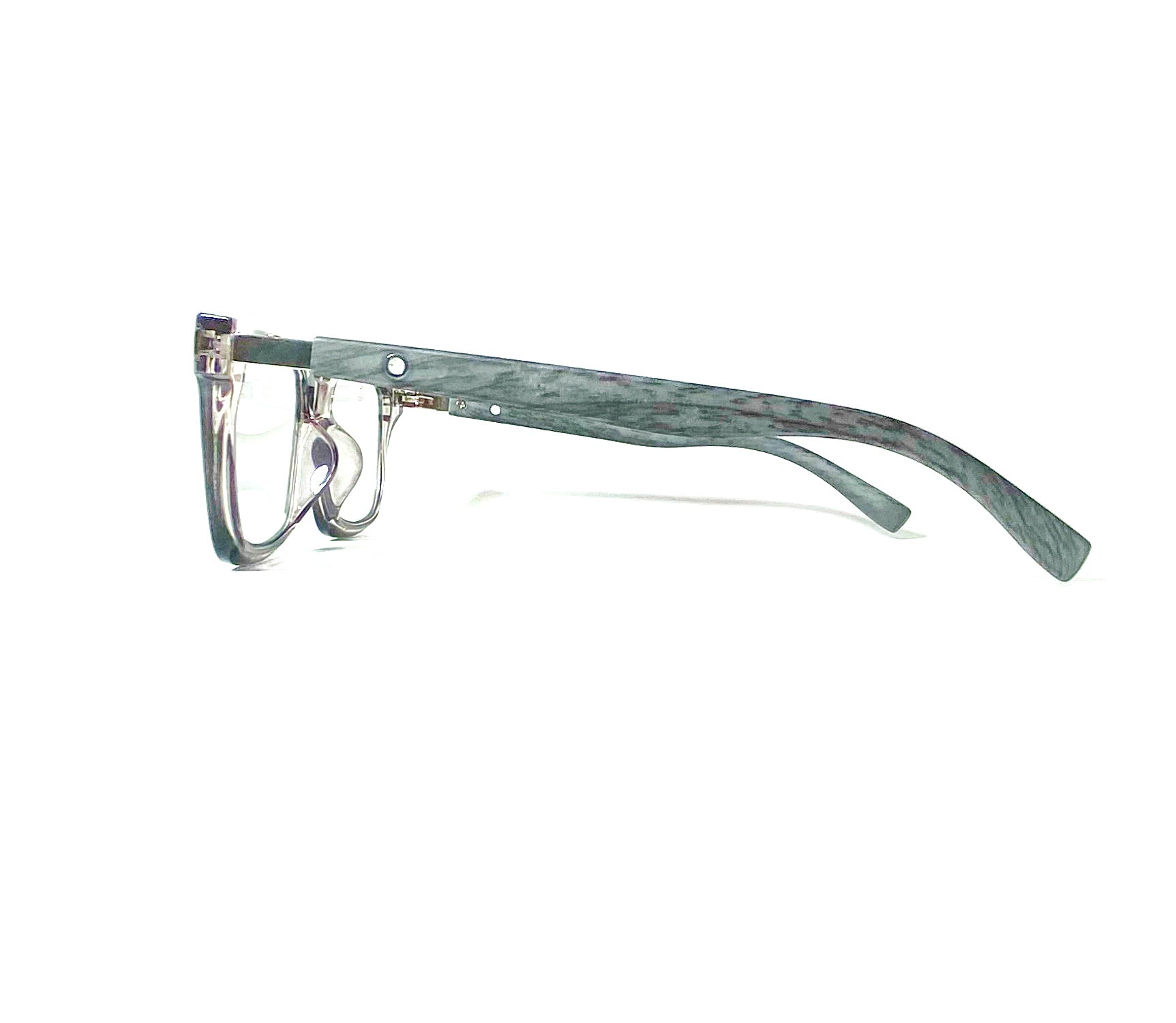 Grey eyeglasses on a white background