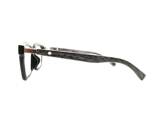 Eyeglasses with a black and silver temples on a white background