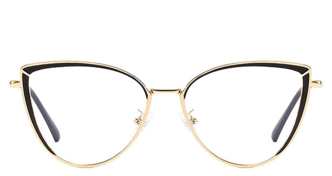Gold-framed cat-eye glasses on a white background