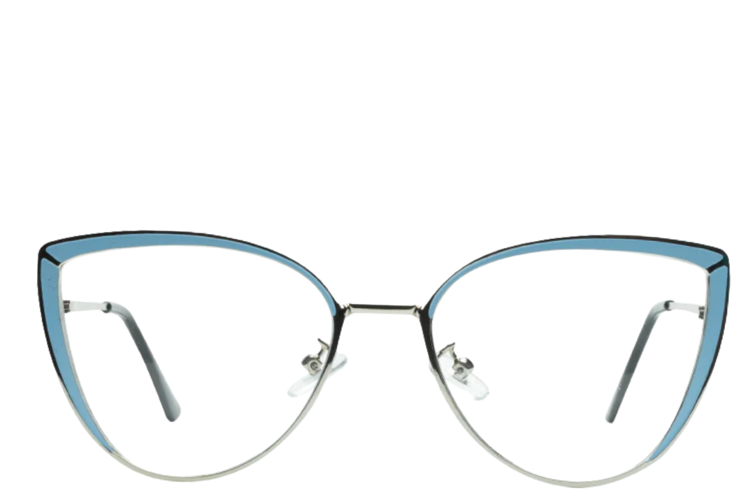 Cat-eye glasses with blue and silver frame on a white background