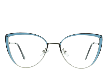 Cat-eye glasses with blue and silver frame on a white background