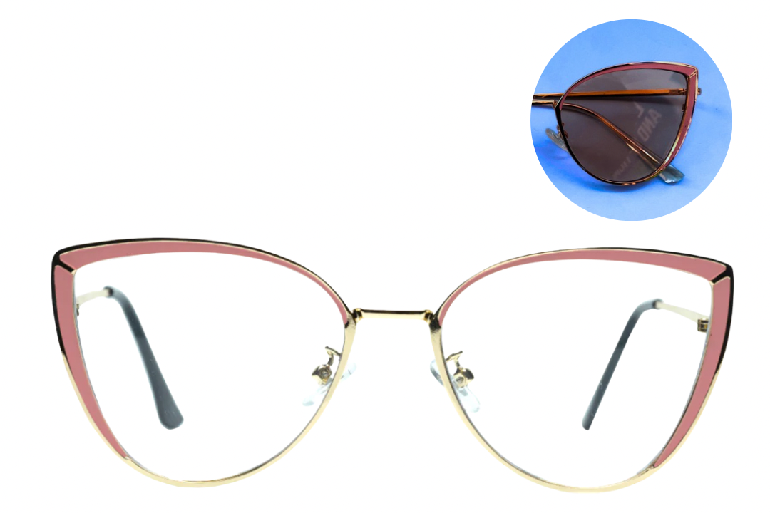 Cat-eye glasses with a close-up inset of it’s photochromic feature on a white background