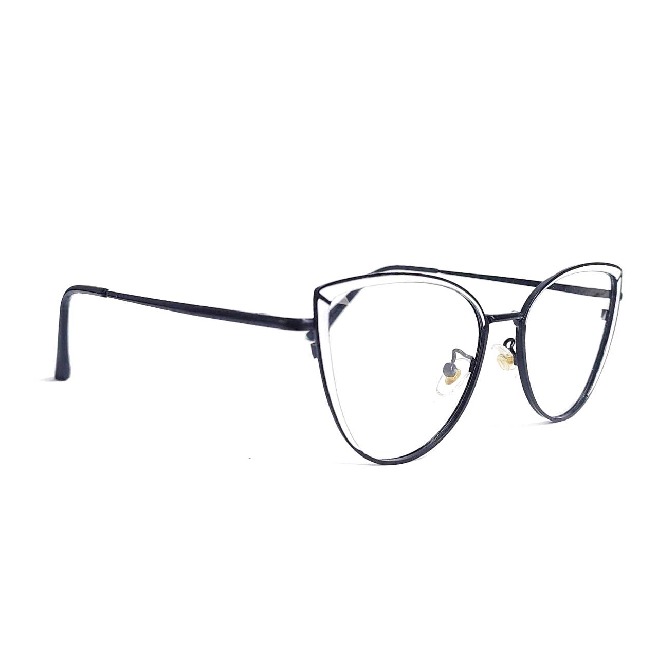A pair of cat-eye style glasses with a polished metal frame, featuring upturned corners and a sleek design.