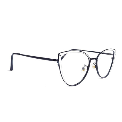 A pair of cat-eye style glasses with a polished metal frame, featuring upturned corners and a sleek design.