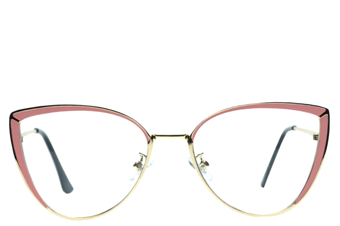Cat-eye glasses with gold and pink frame on a white background