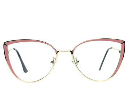 Cat-eye glasses with gold and pink frame on a white background