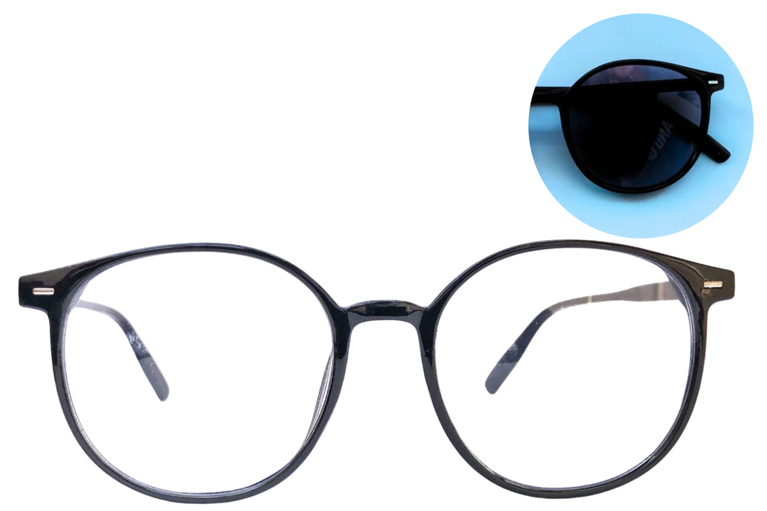 Round eyeglasses with a close-up inset showing the lens.