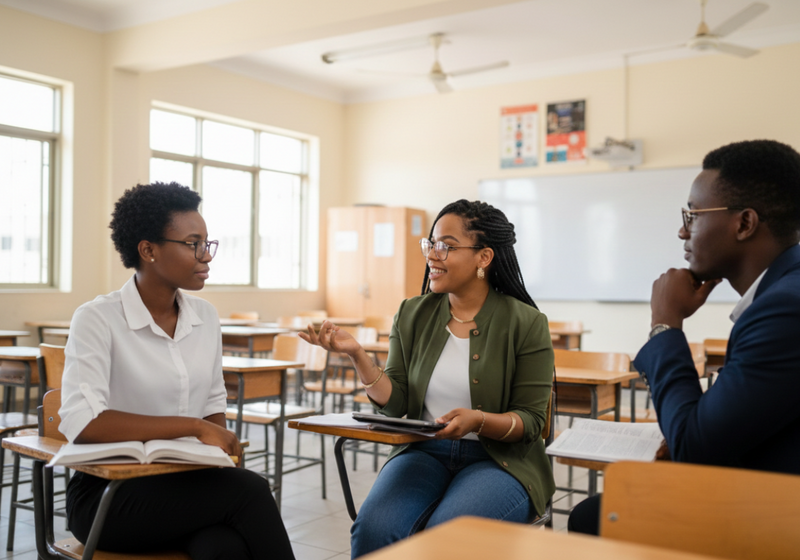 Three people sitting in a classroom setting, engaged in conversation.