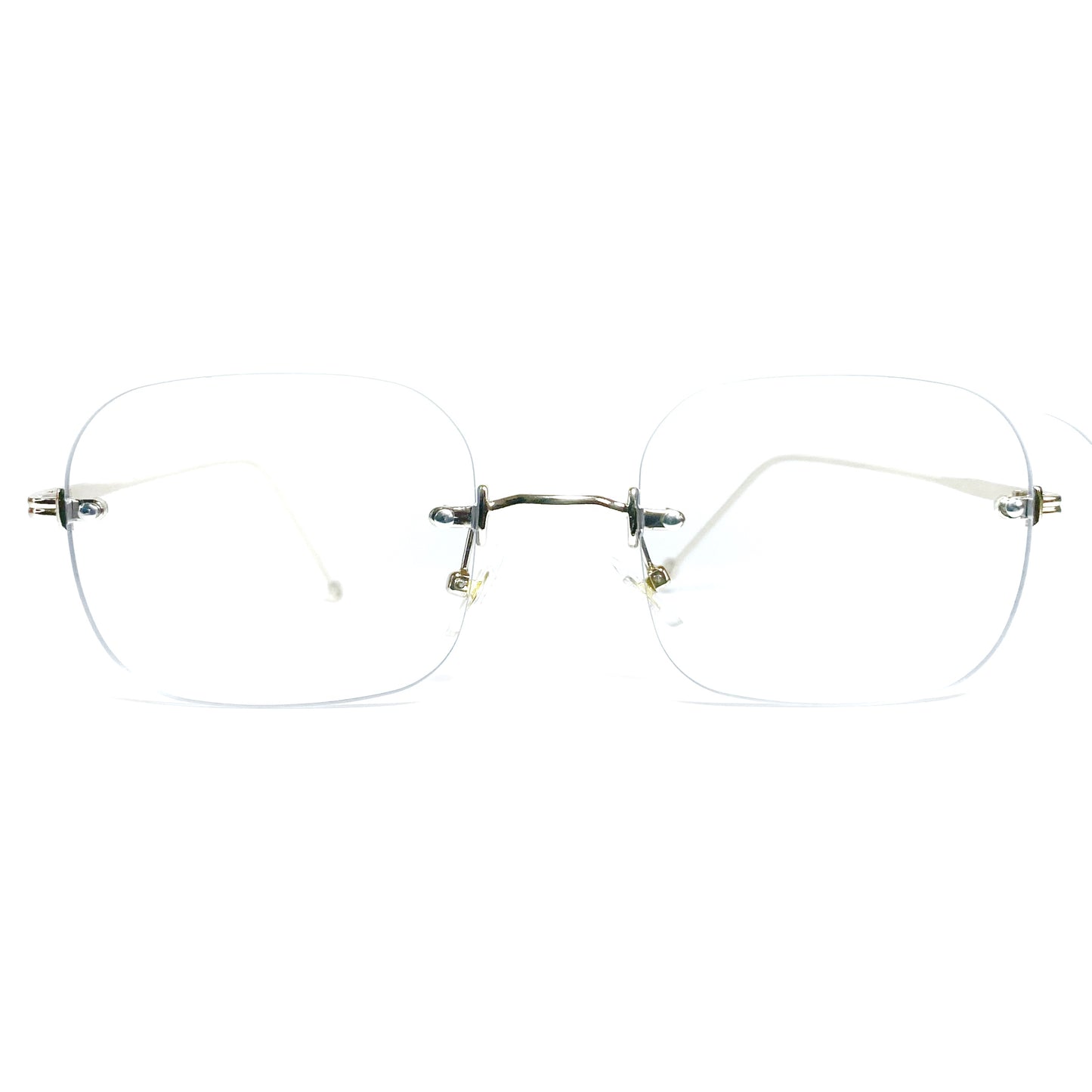 Pair of rimless eyeglasses on a white background