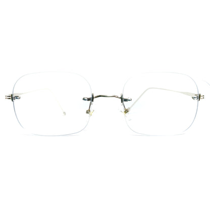 Pair of rimless eyeglasses on a white background