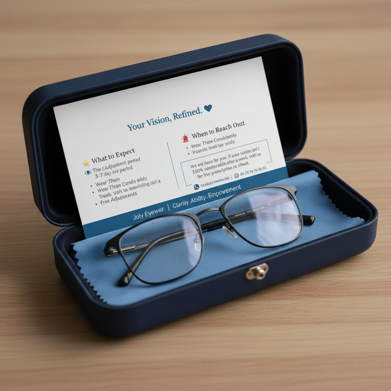 Eyeglasses in a blue case with a card on a wooden surface